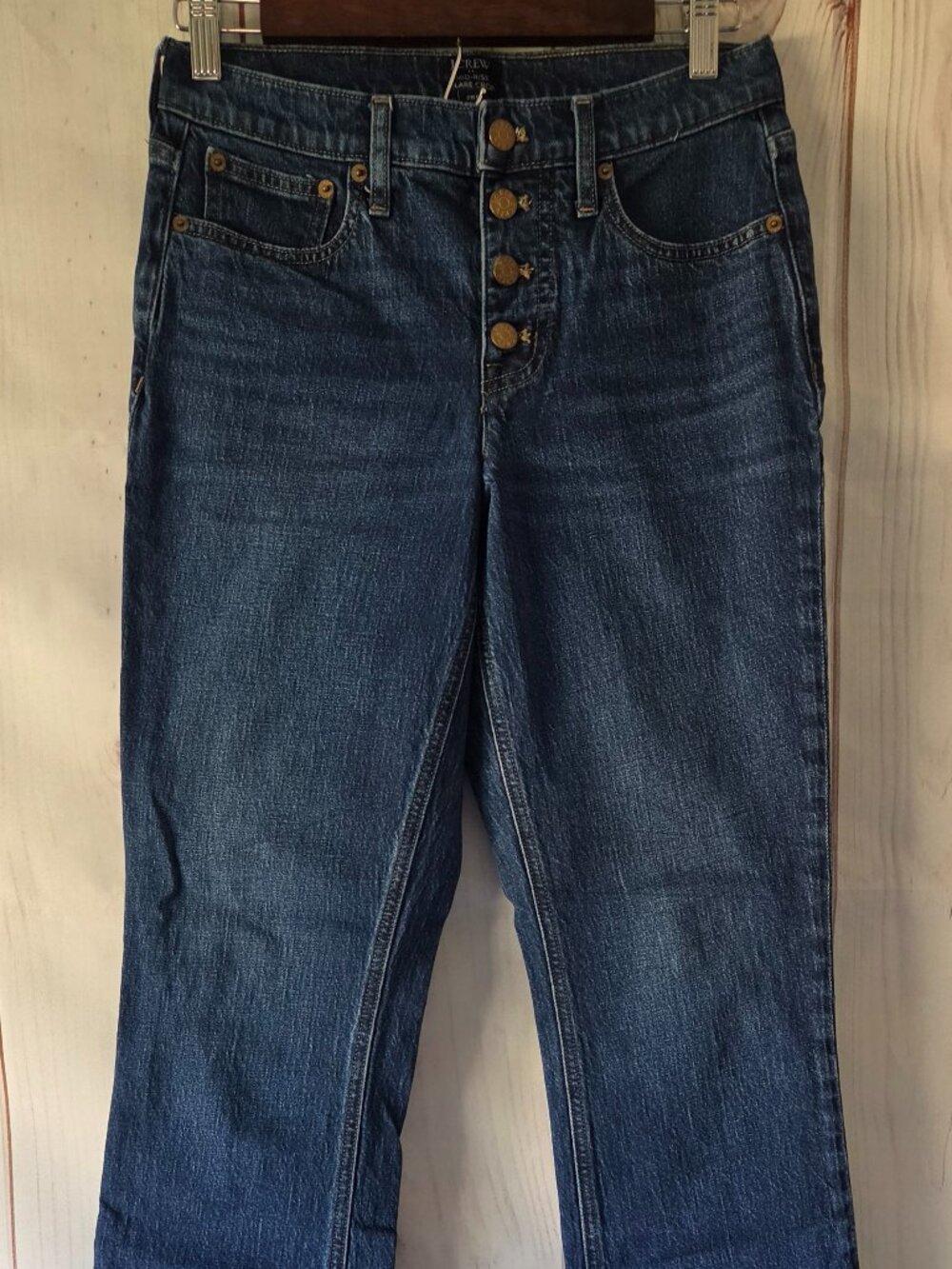 J. Crew Mid-Rise Flare Crop Jeans Women’s 26T, exposed button fly closure